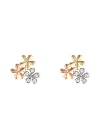 Boucles d'oreilles "Minis Fleurs" Or Blanc, Jaune et Rose 375/1000 et Zirconium